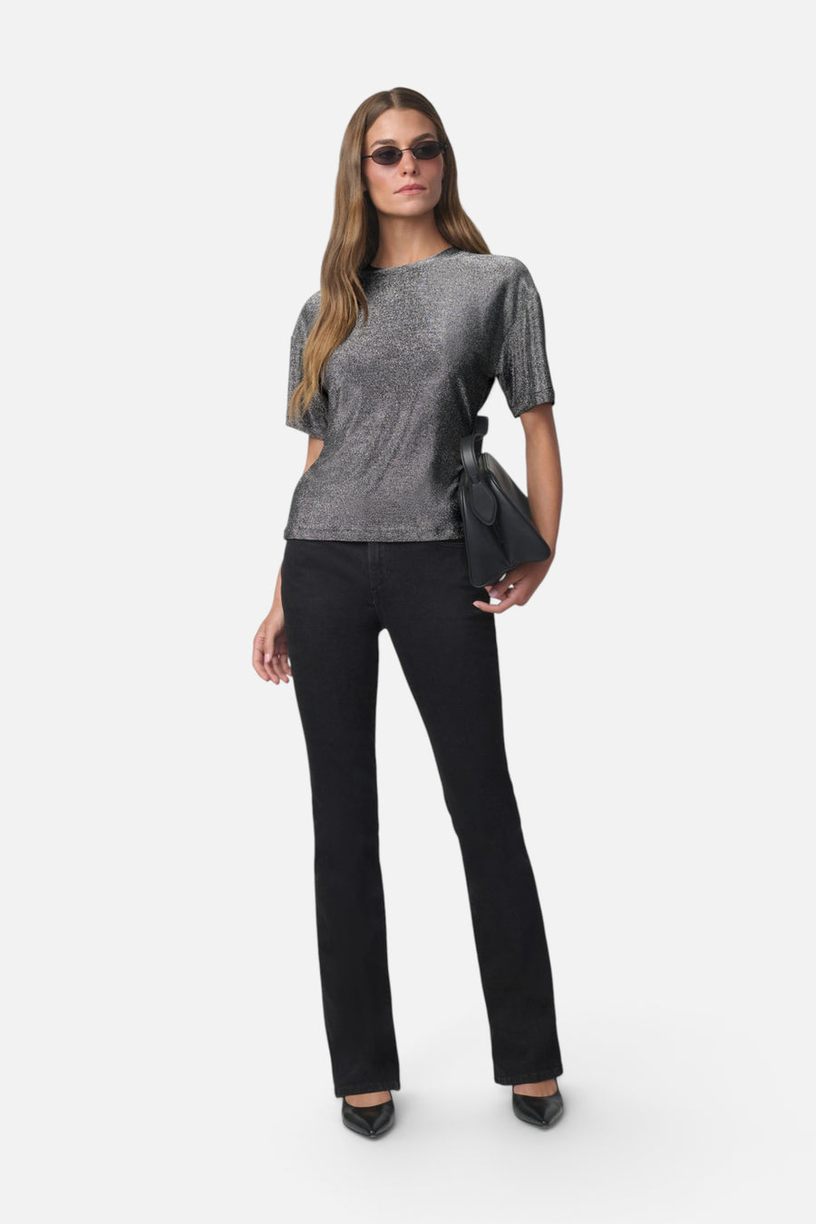 Joe's Jeans Cinch Waist Tee in Gunmetal Sparkle – on model