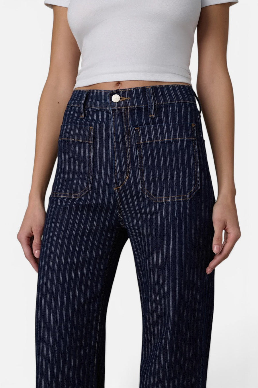 Joes Jeans Mia Patch Pocket High-Rise Wide Leg Jean in Indigo Stripe – flat lay