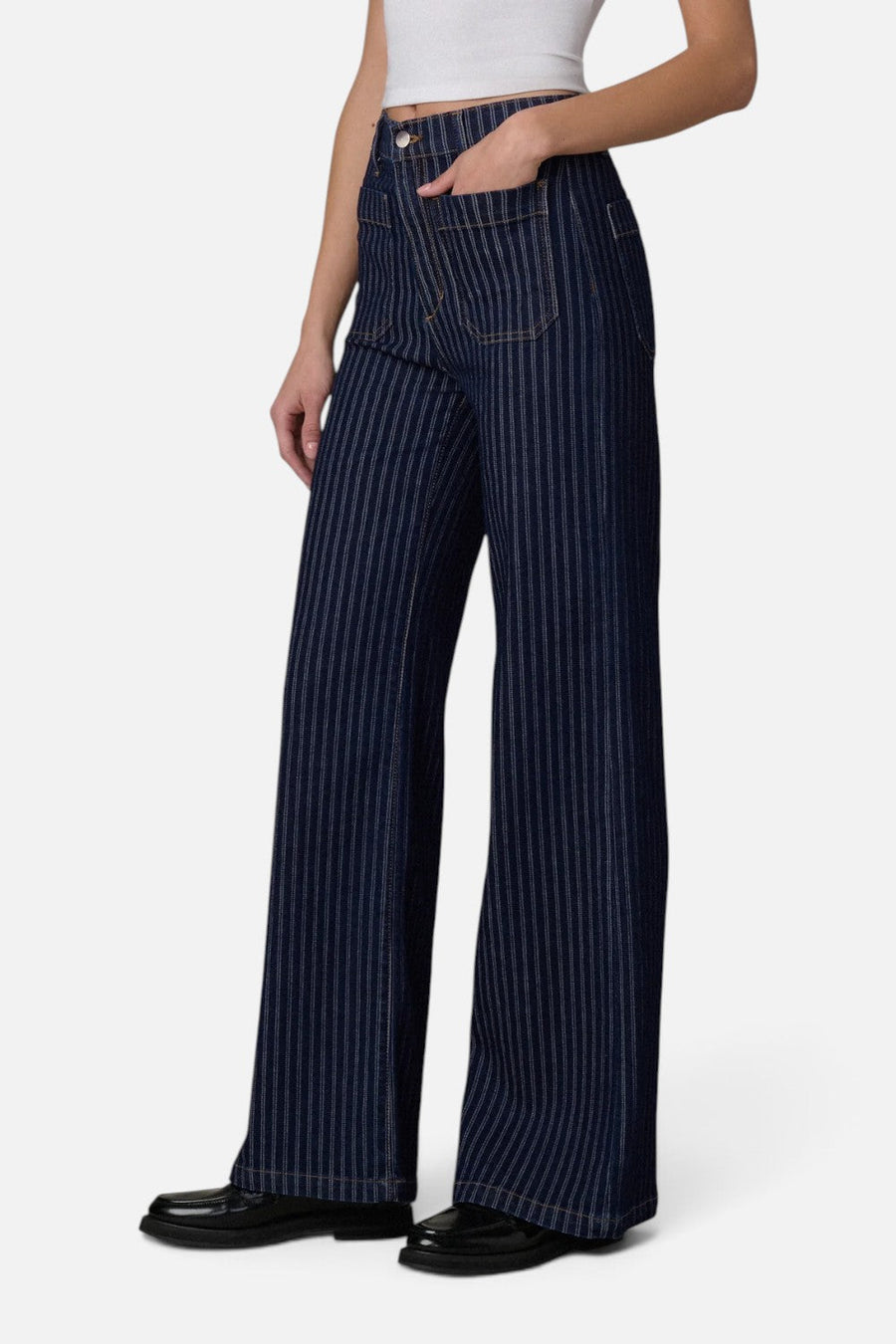 Joes Jeans Mia Patch Pocket High-Rise Wide Leg Jean in Indigo Stripe – side view