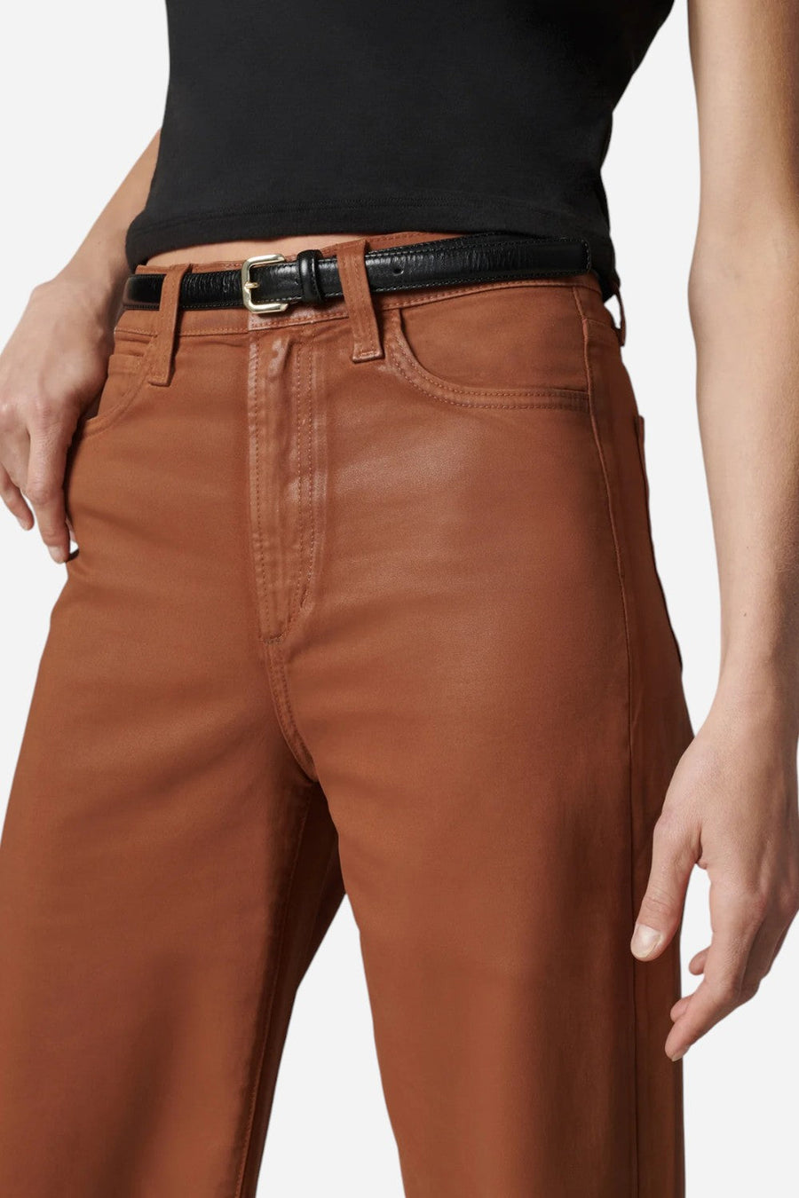 Joe's Jeans The Mia Petite Coated Wide Leg in Leather Brown – detail