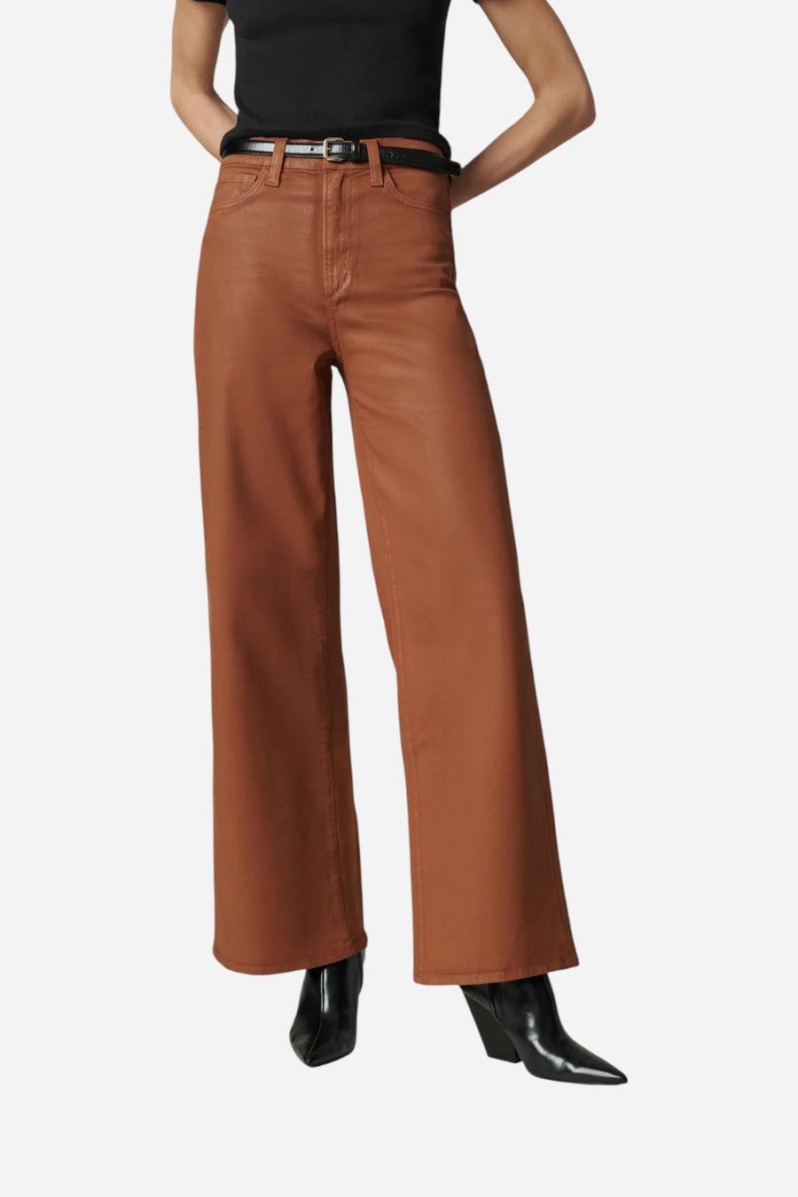 Joe's Jeans The Mia Petite Coated Wide Leg in Leather Brown – front view