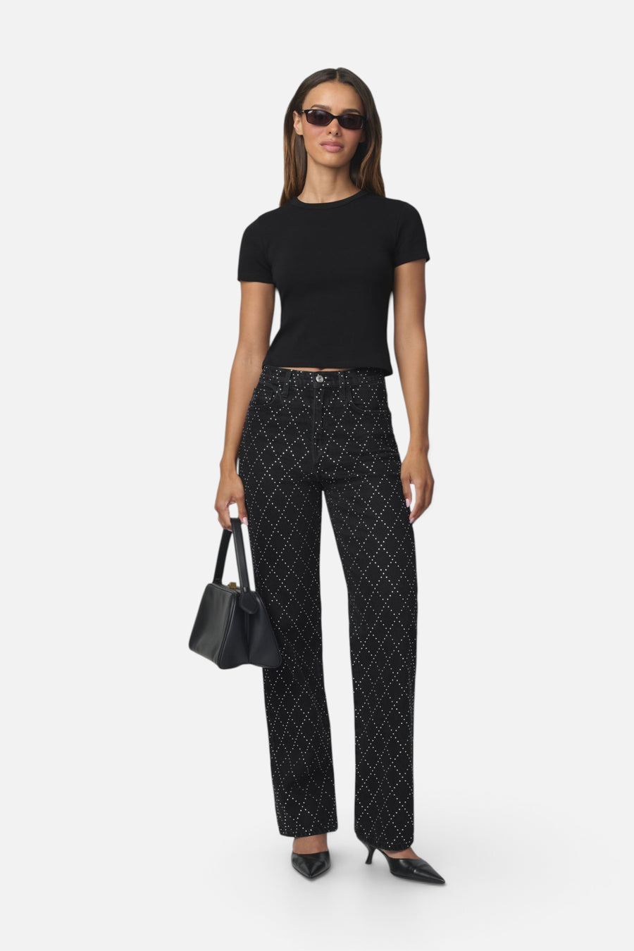 Joe's Jeans Women's Margot Embellished High Rise Straight Jeans in Diamond Night – lifestyle view