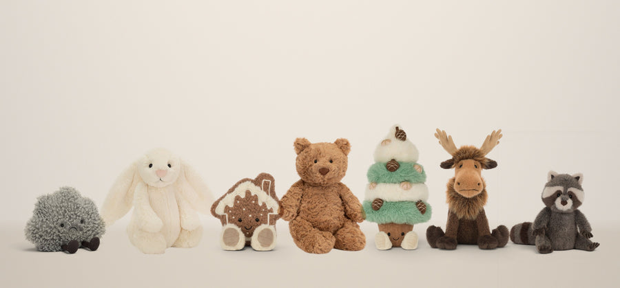 Jellycat Storm Cloud, Bashful Cream Bunny, Molasi Cookie, Bartholomew Bear, Pinecone Tree, Birchly Moose and Trixiwoo Raccoon in a row