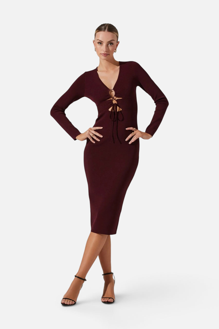 Jovie Front Cutout Bodycon Midi Dress in Wine – front view