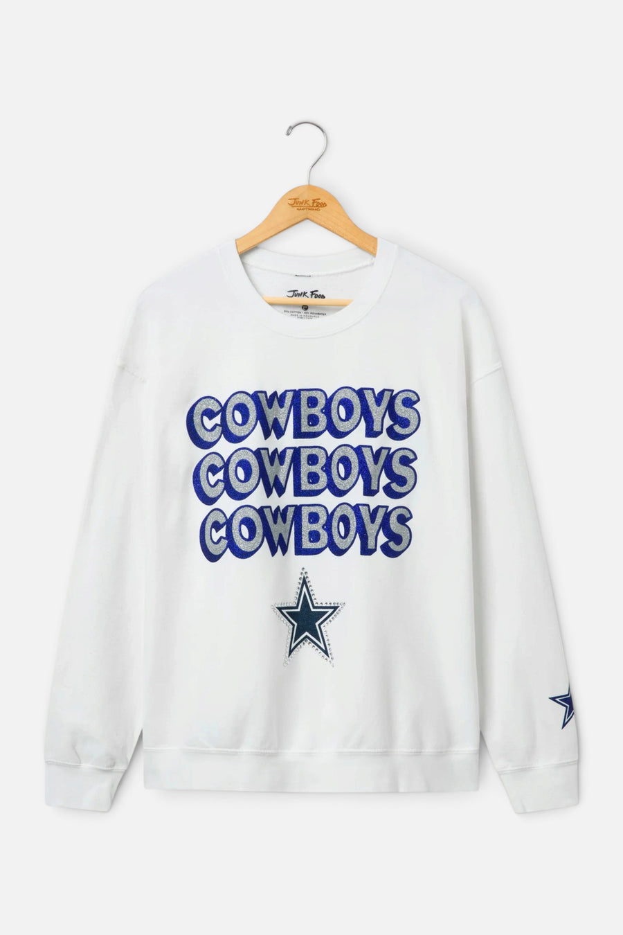 Junk Food Dallas Cowboys Repeat Bling Crew Fleece in White – front view