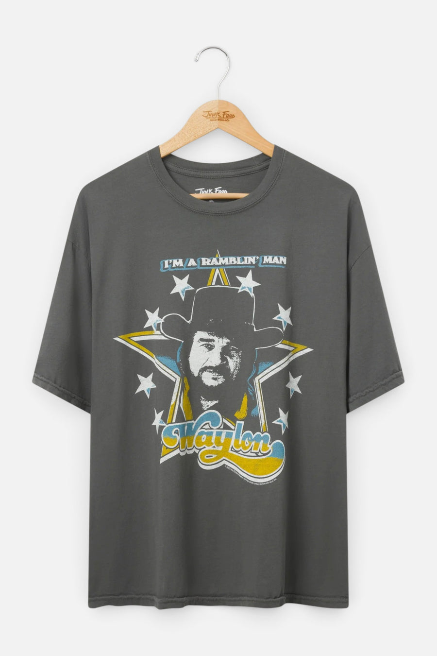 Junk Food Waylon Jennings I'm a Ramblin' Man Oversized Tee in Vintage Black – front view