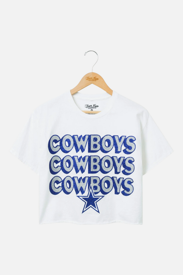 Junk Food Women's Cowboys Repeat Glitter Crop Tee in White
