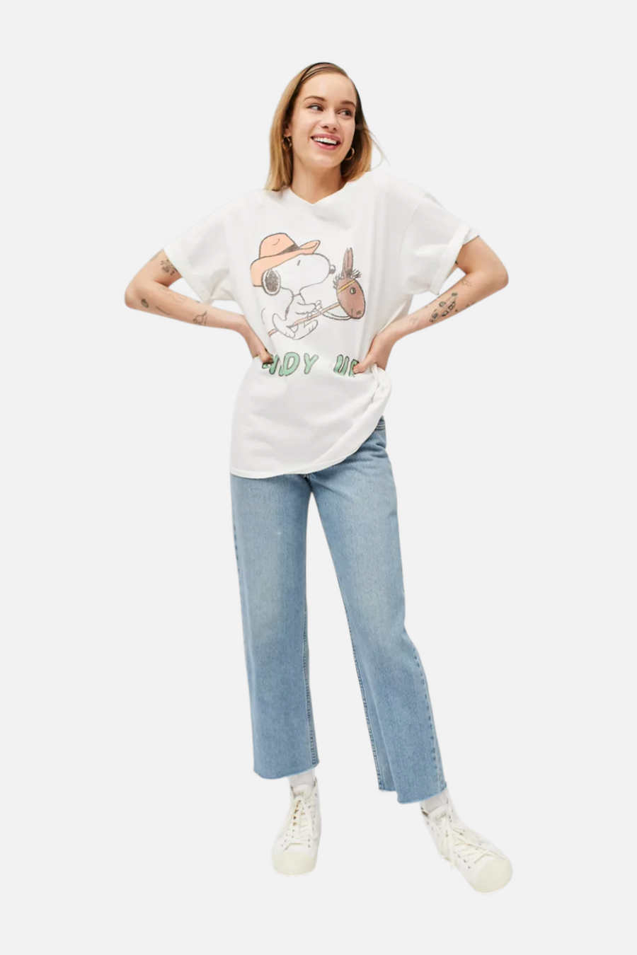 Junk Food Women's Giddy Up Snoopy Tee in White – back view