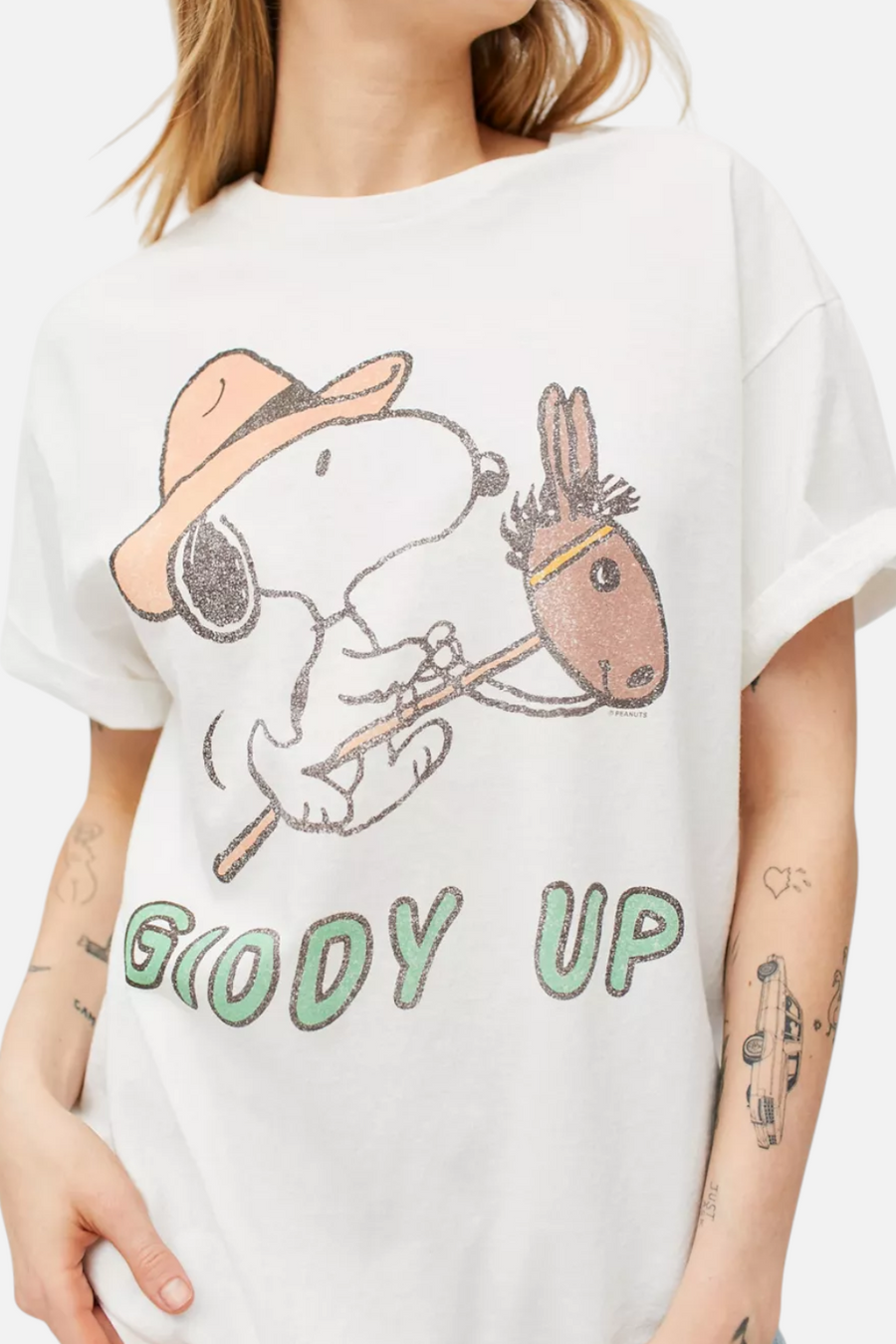 Junk Food Women's Giddy Up Snoopy Tee in White – detail