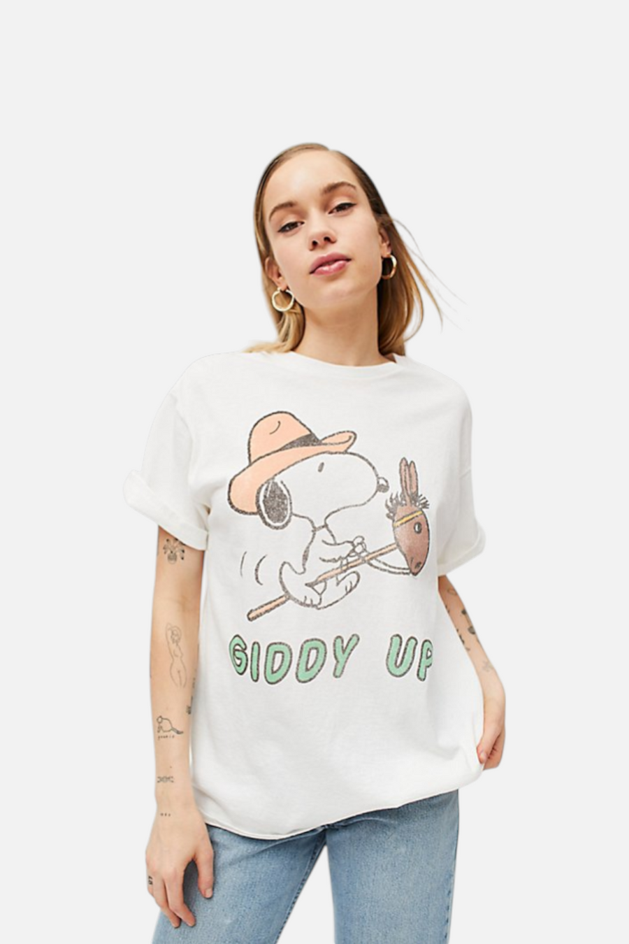 Junk Food Women's Giddy Up Snoopy Tee in White – front view