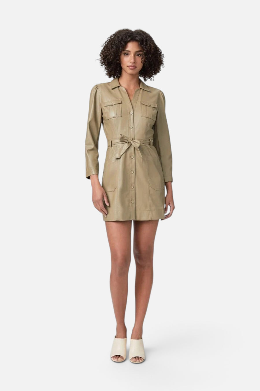 Karmine Vegan Leather Dress in Brushed Olive – front view