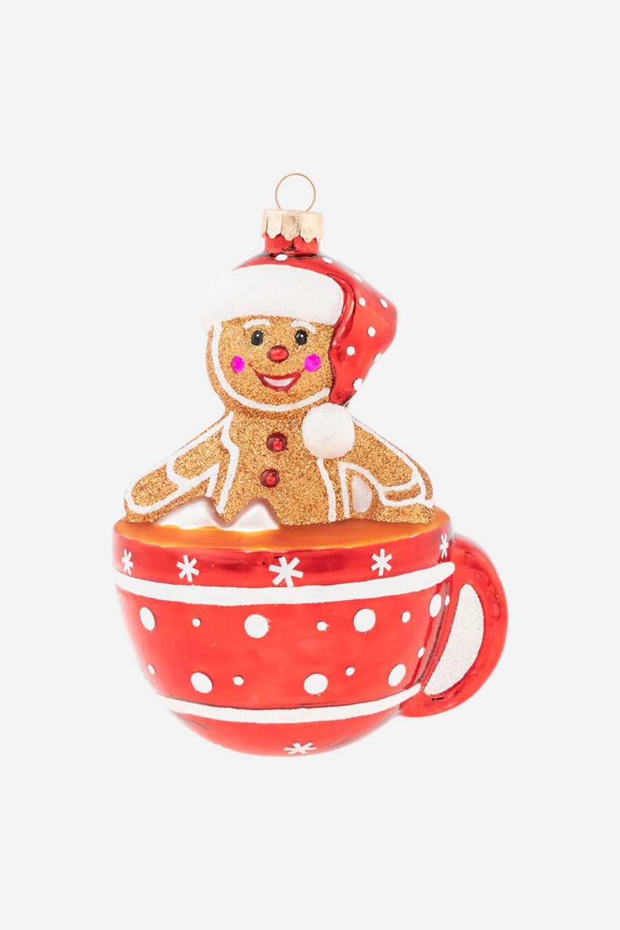 Kat + Annie Gingerbread Man in Hot Chocolate Ornament – front view