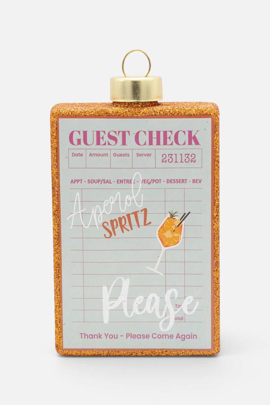 Kat + Annie Spritz Please Guest Check Ornament – front view
