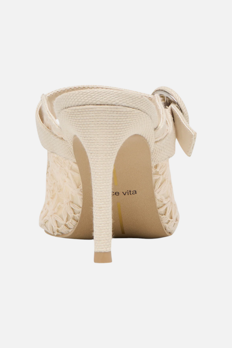 Keekee Mule Stiletto in Natural Cross Hatch Raffia – flat lay