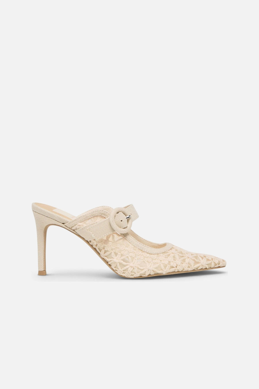 Keekee Mule Stiletto in Natural Cross Hatch Raffia – side view