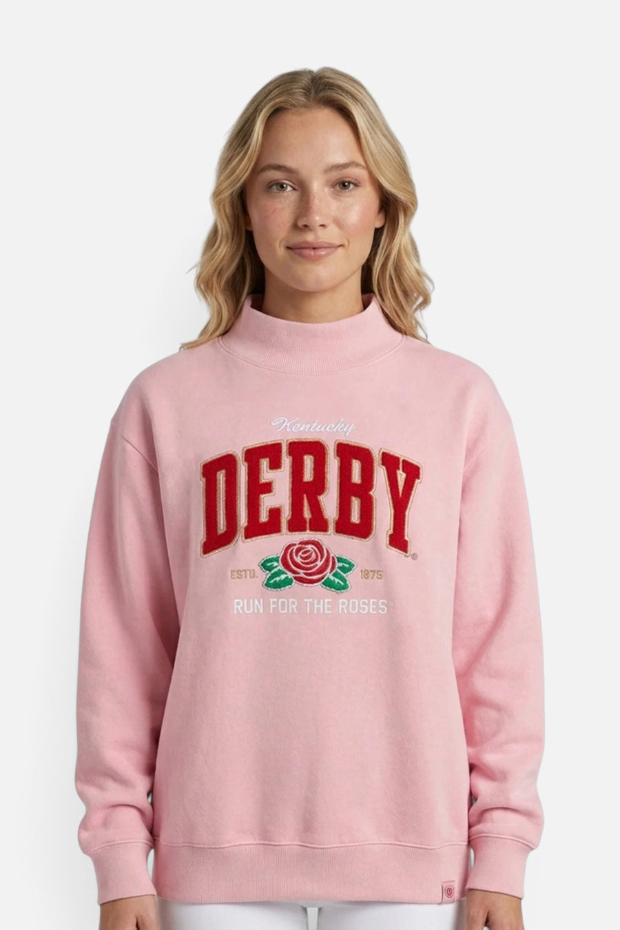Kentucky Derby 152 Pink Chenille Rose Mock Neck – front view