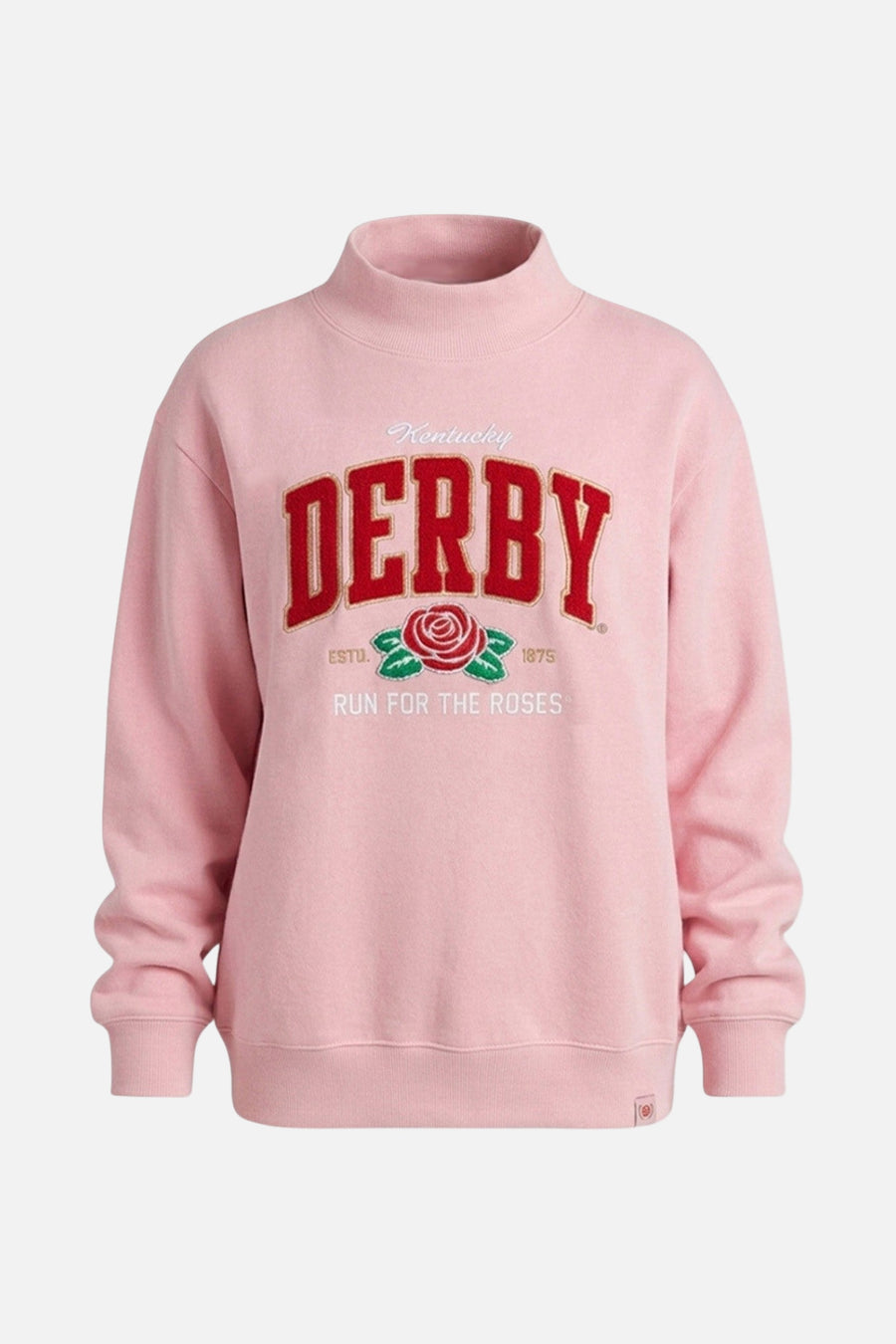 Kentucky Derby Pink Chenille Rose Mock Neck – front view