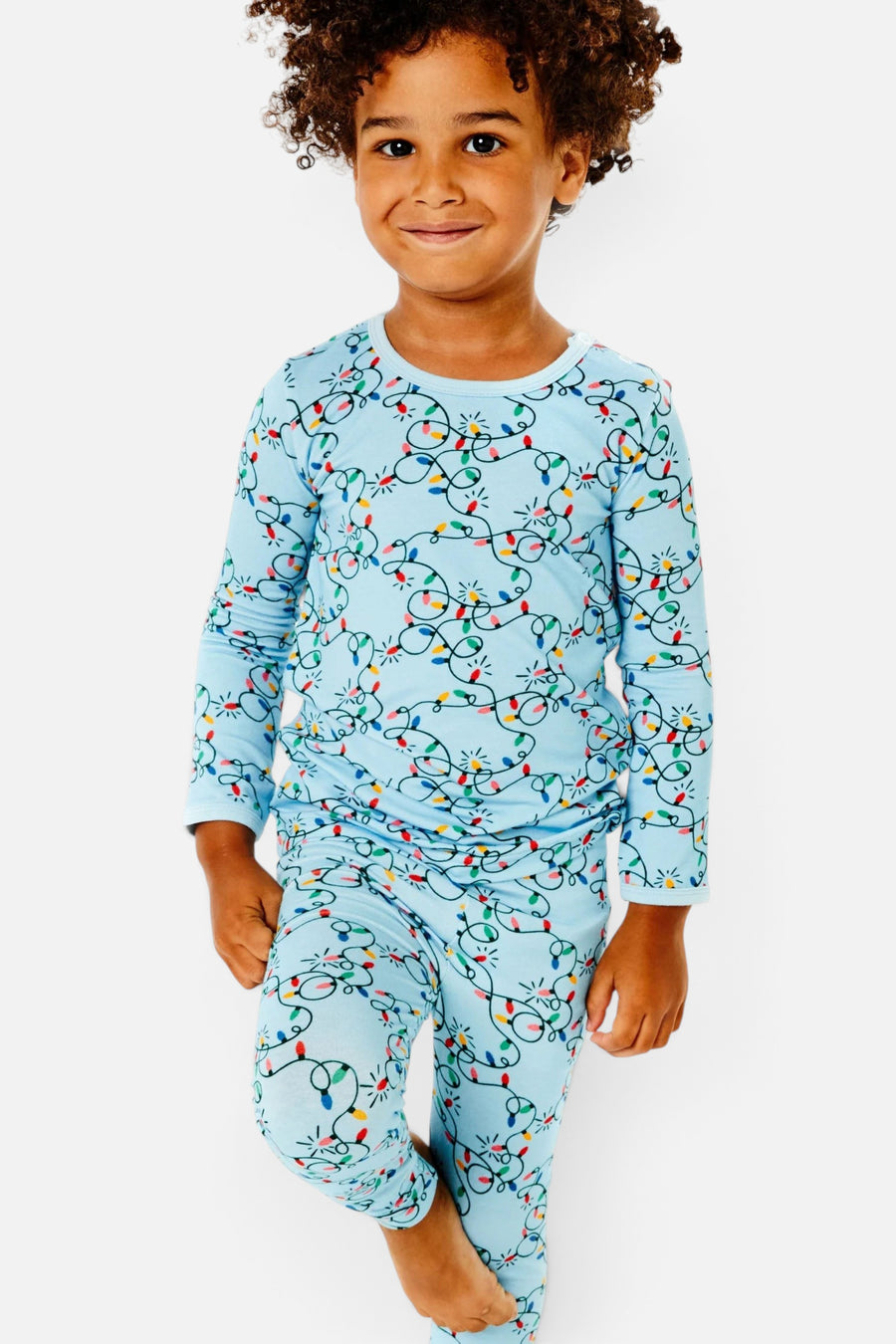 Kids' Christmas Lights Long Sleeve Pajama Set – on model
