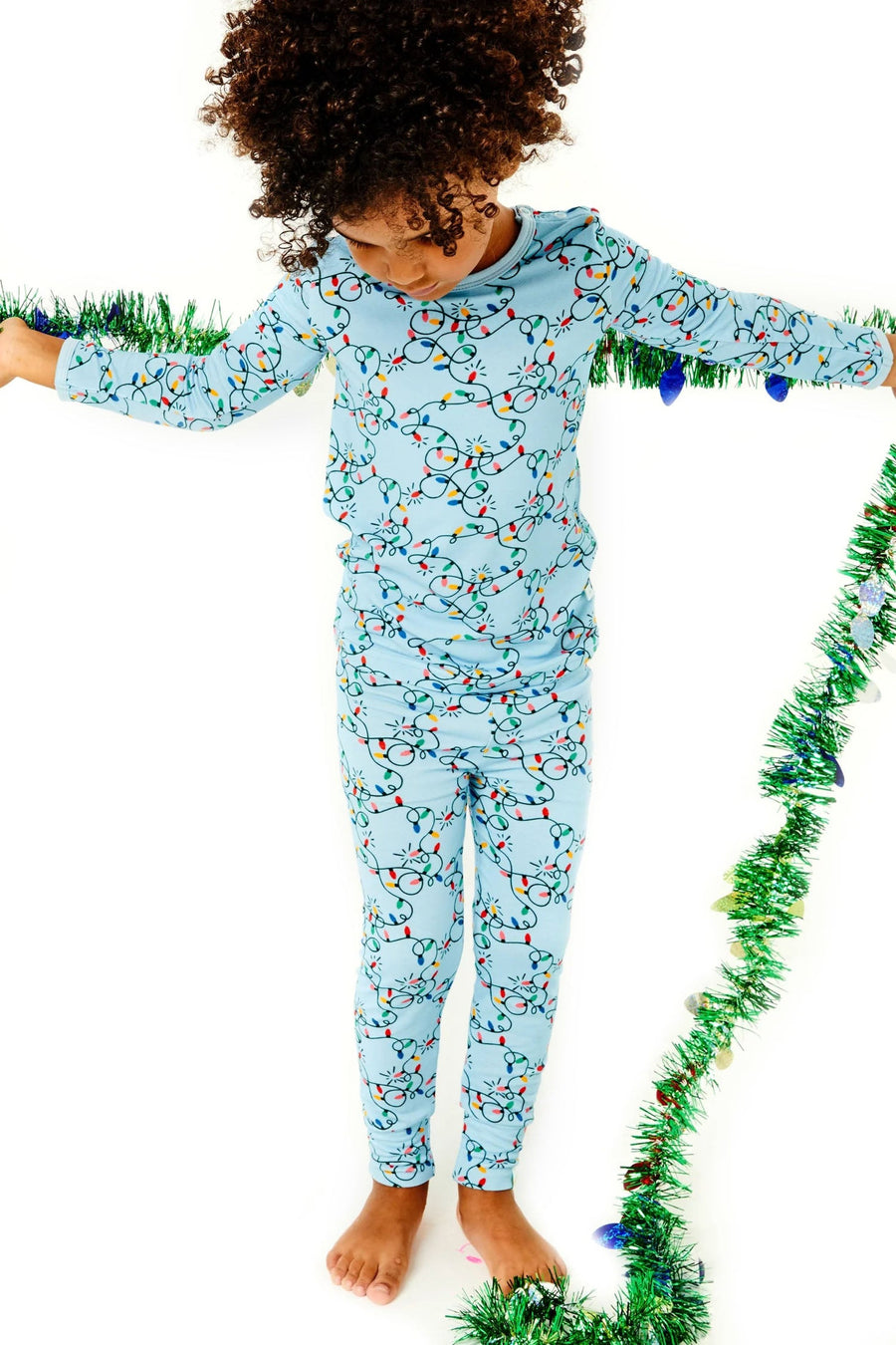 Kids' Christmas Lights Long Sleeve Pajama Set – on model