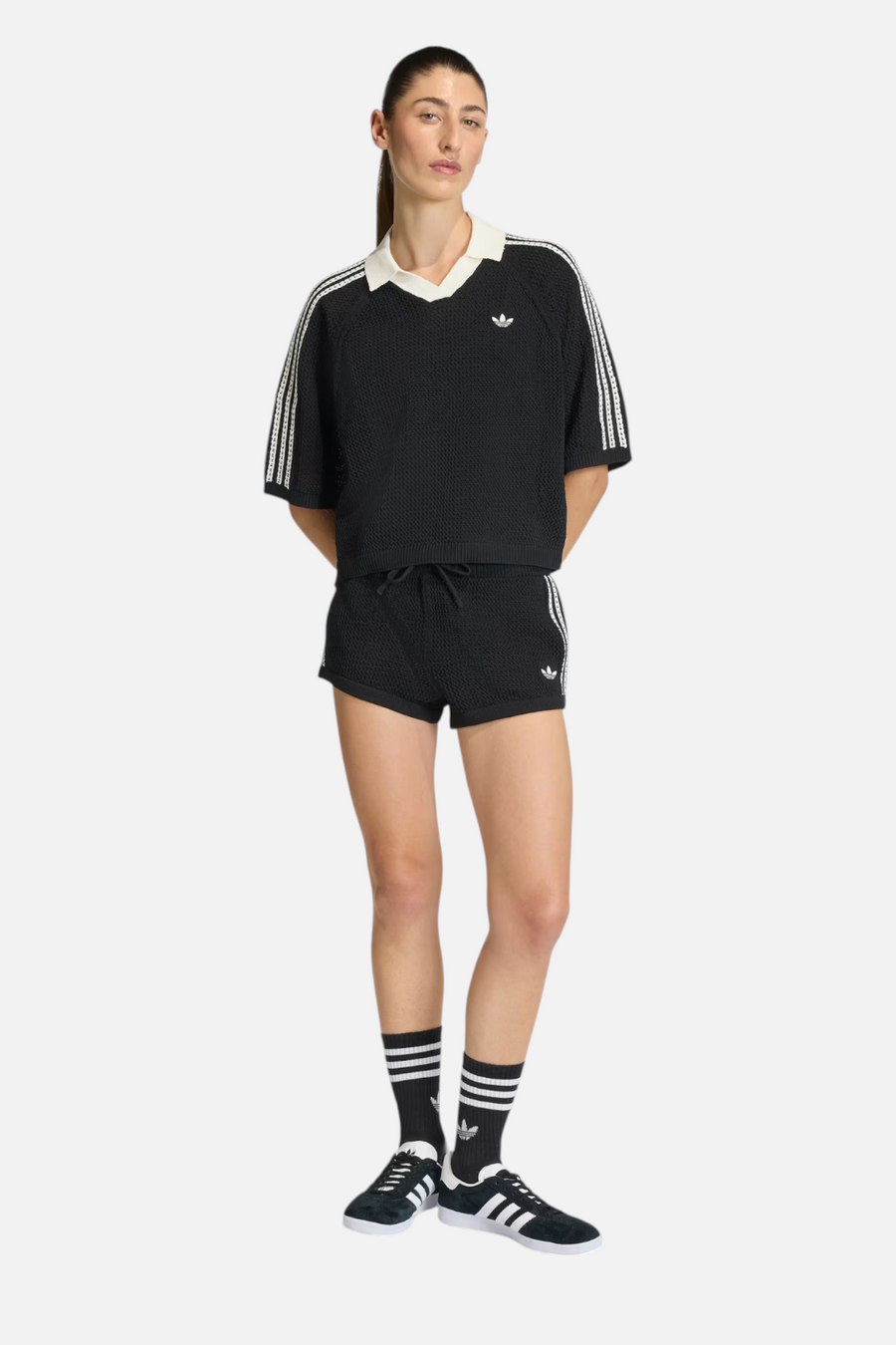 Adidas Knitted Crochet Shorts in Black – front view