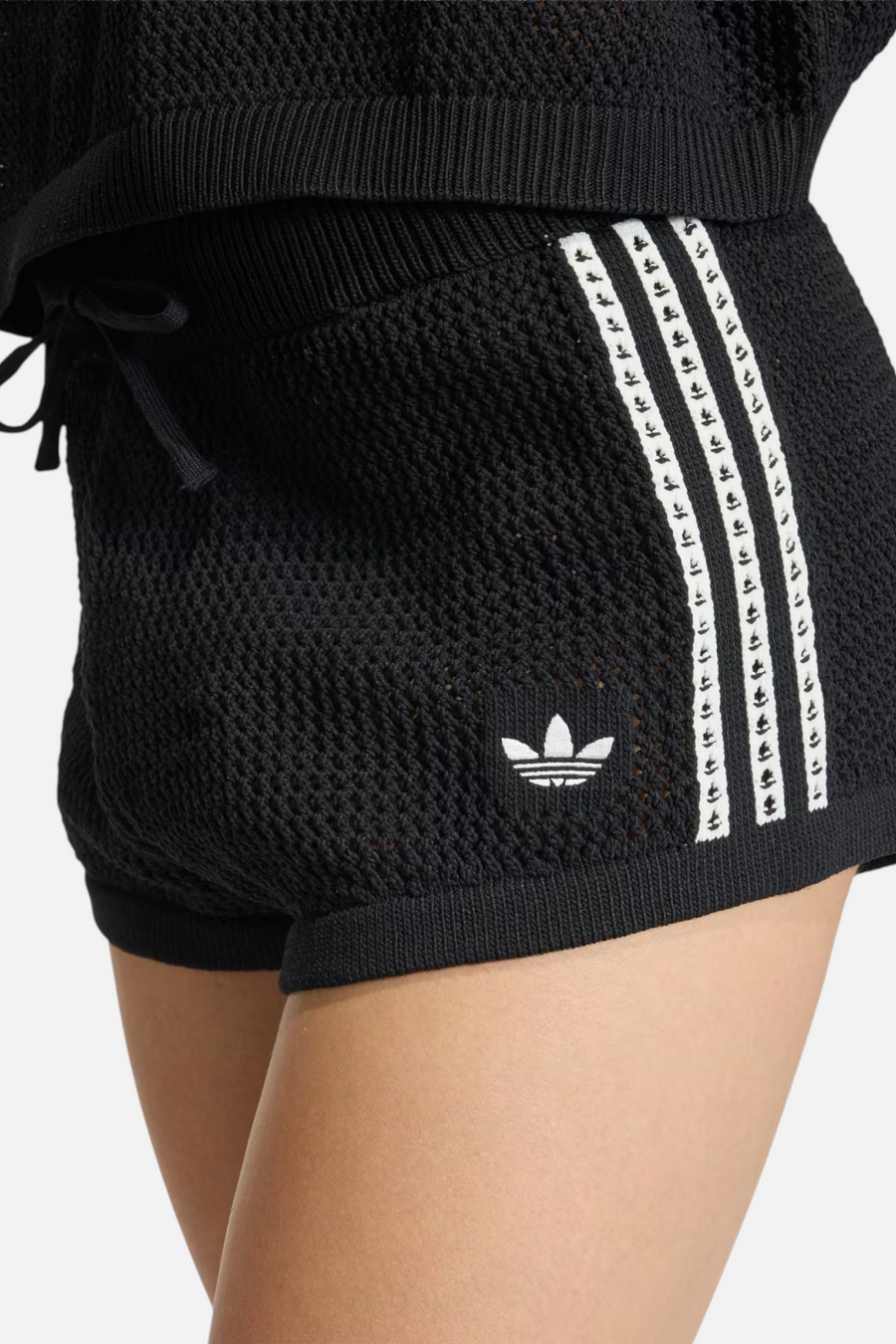 Adidas Knitted Crochet Shorts in Black – back view