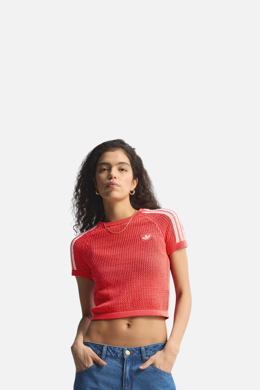 Adidas Knitted Crochet Cali Tee in Semi Lucid Red