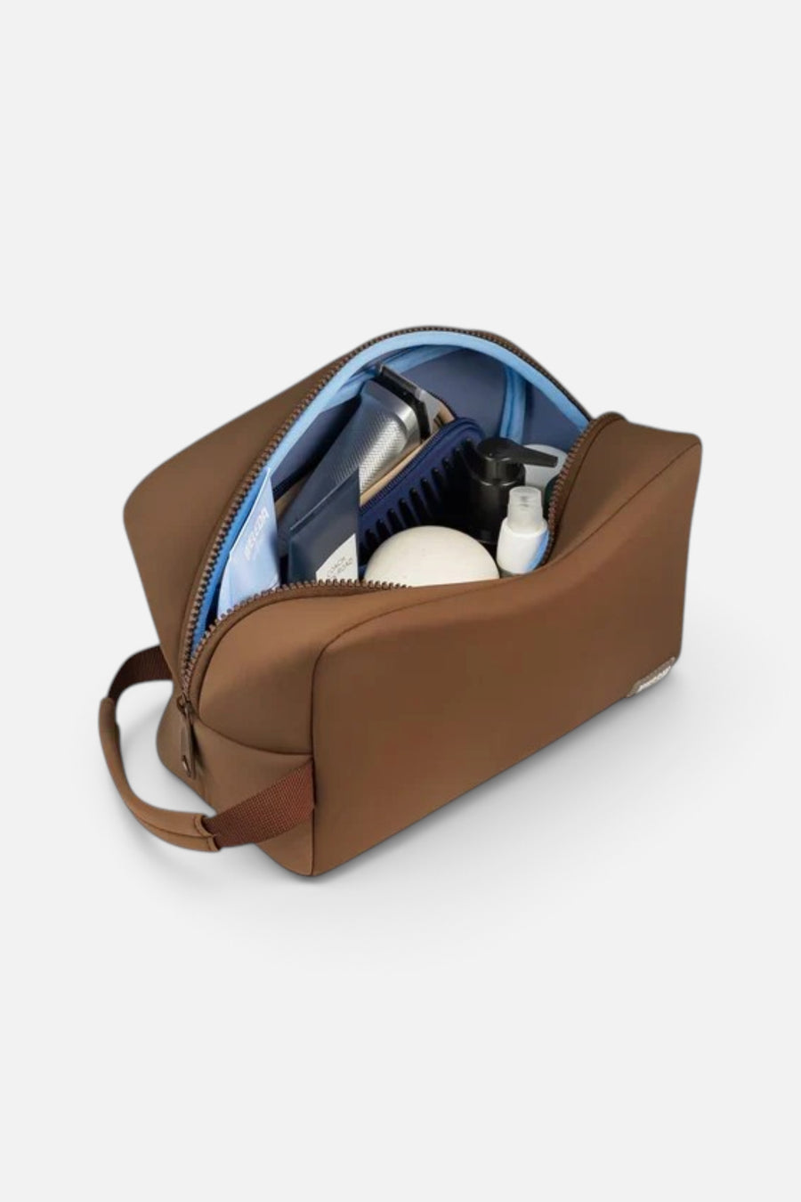 Kusshi Neoprene Dopp Kit in Chocolate Brown – flat lay