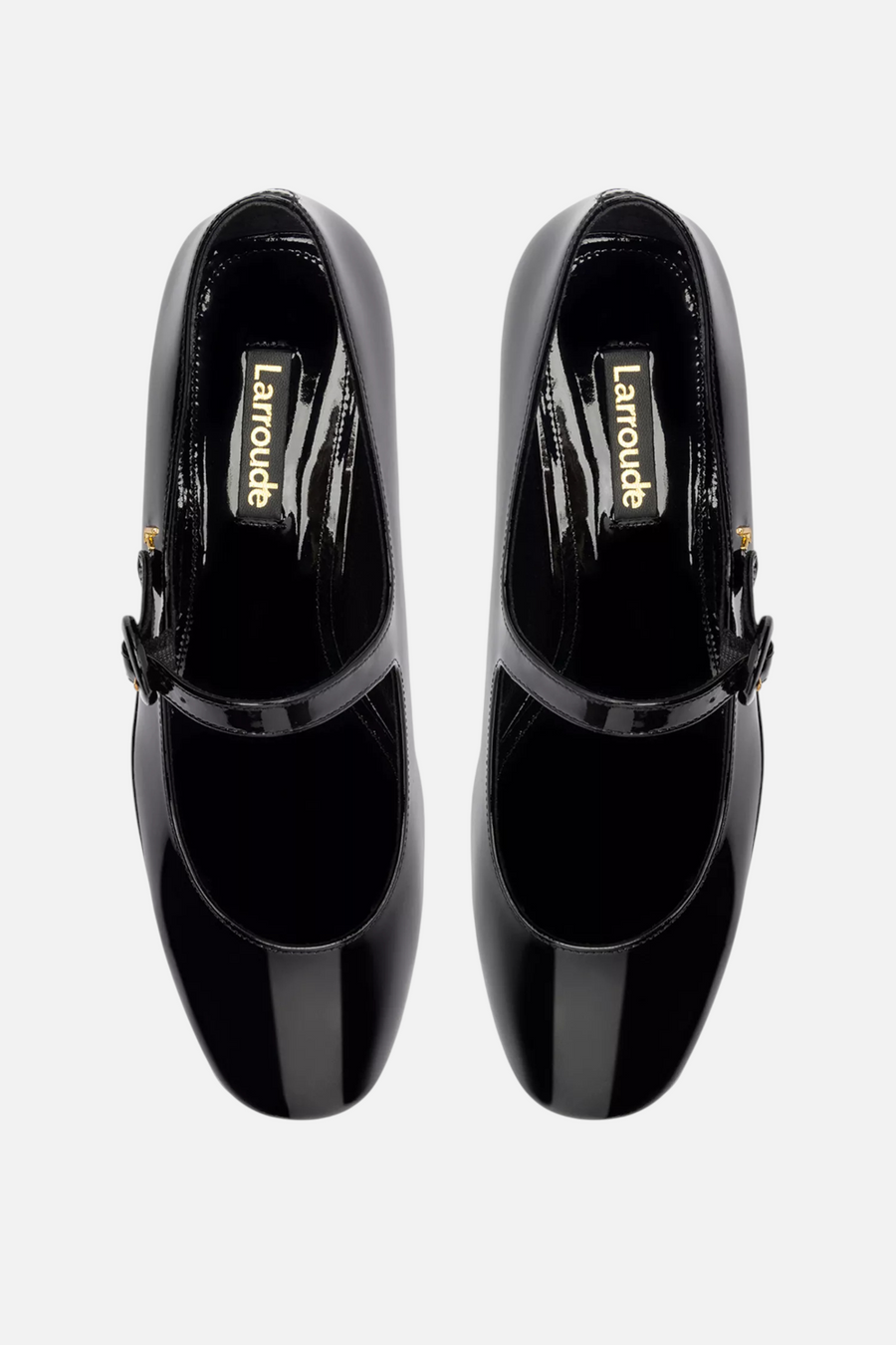 Larroude Blair Flatform in Black Patent – side view