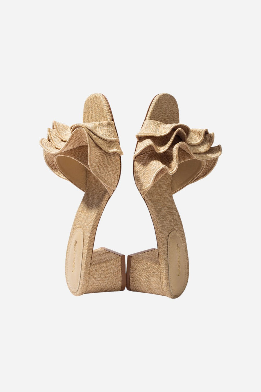 Larroude Brigitte Ruffle Mule In Beige Raffia – flat lay