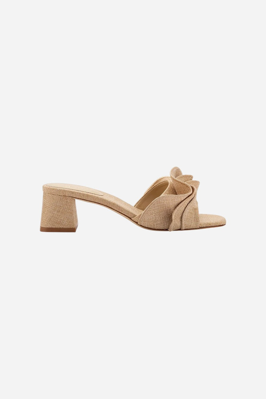 Larroude Brigitte Ruffle Mule In Beige Raffia – front view