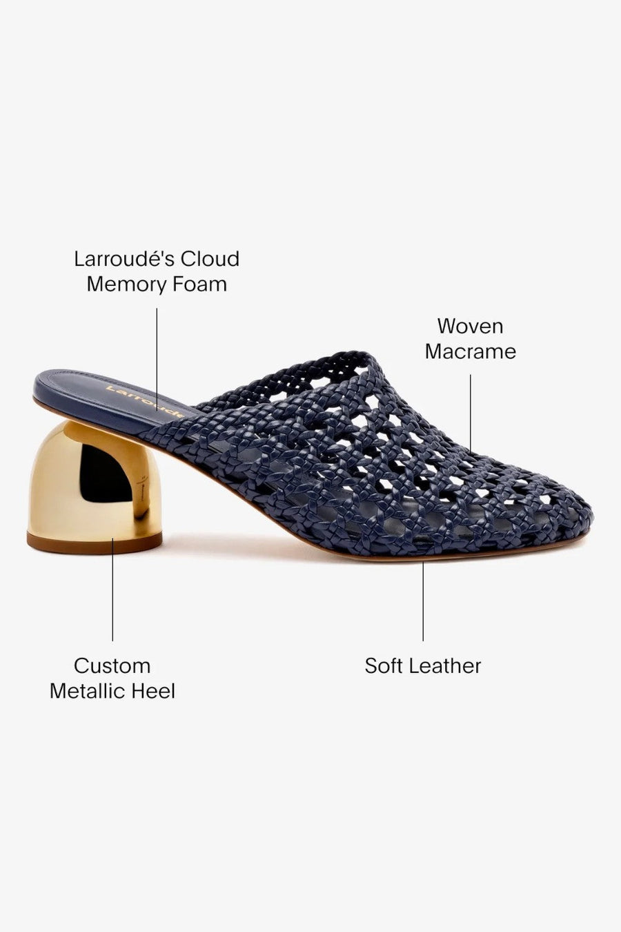 Larroude Dew Drop Macrame Mule in Navy Leather – flat lay