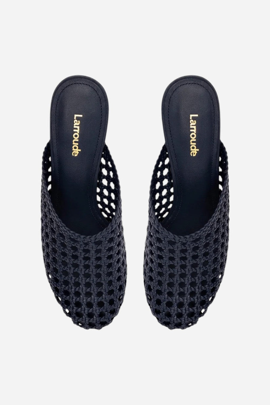 Larroude Dew Drop Macrame Mule in Navy Leather – side view