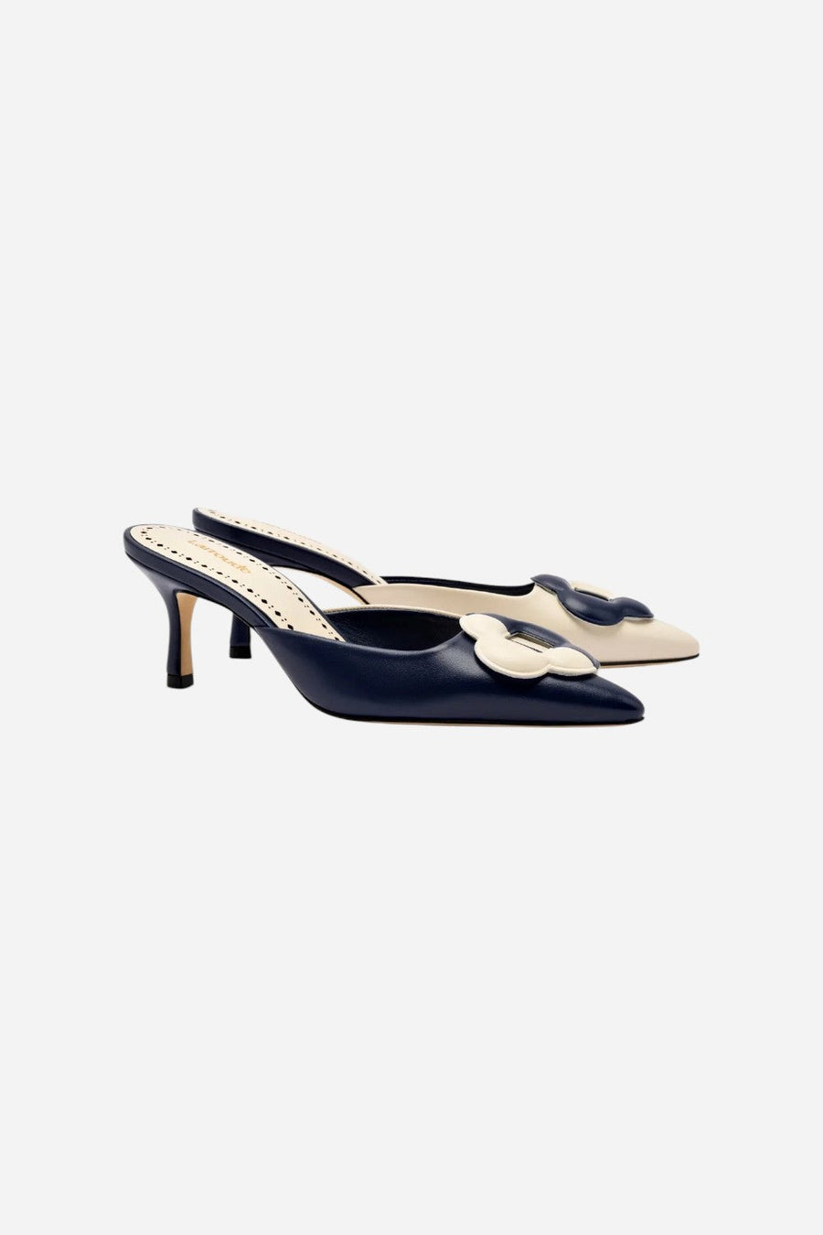 Larroude Flora Pump in Navy & Ivory Leather – back view