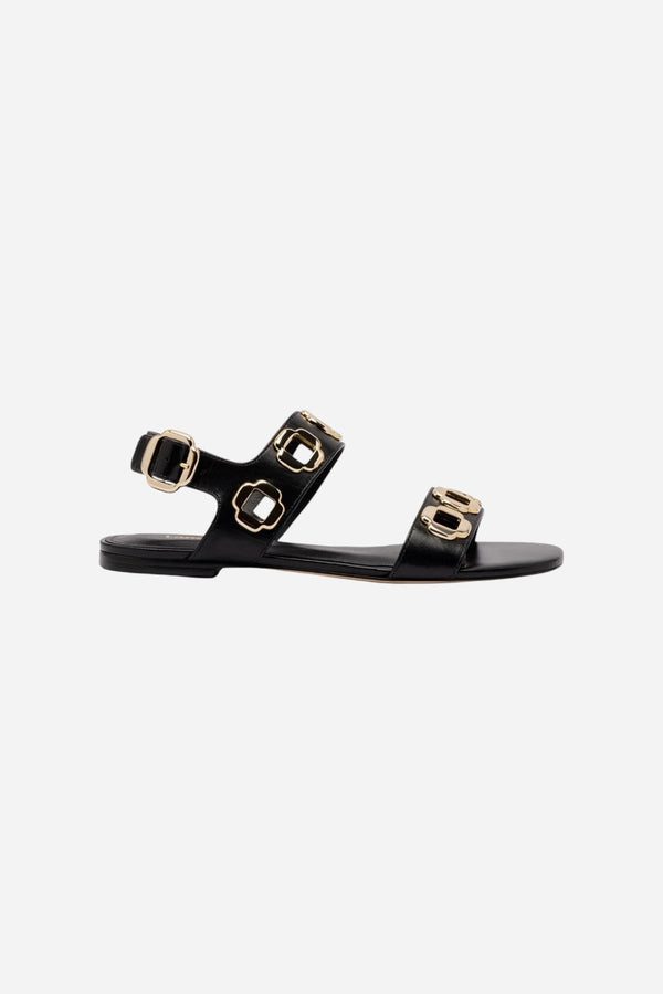 Larroude Milan Flat Sandal in Black Leather