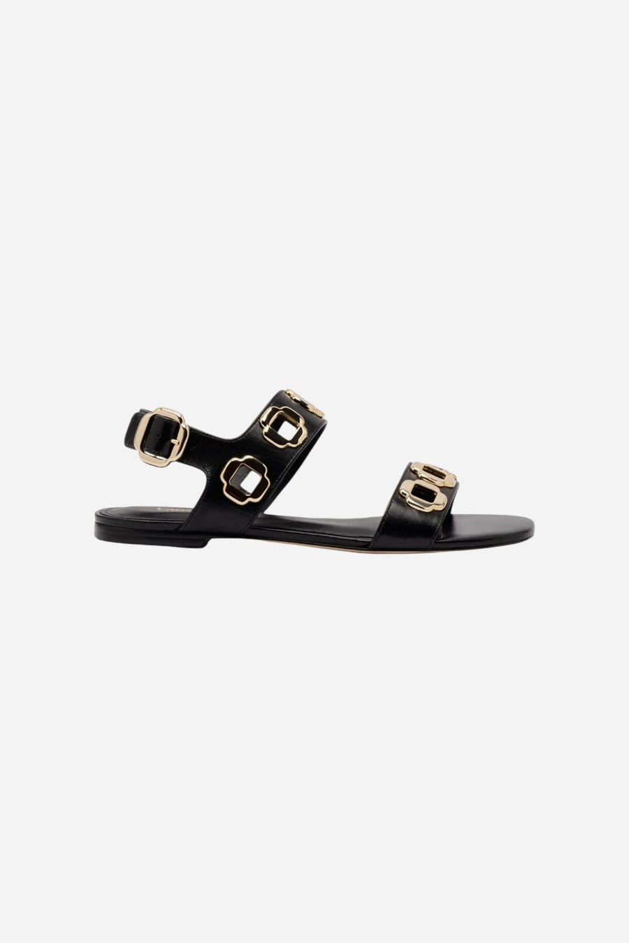 Larroude Milan Flat Sandal in Black Leather – front view