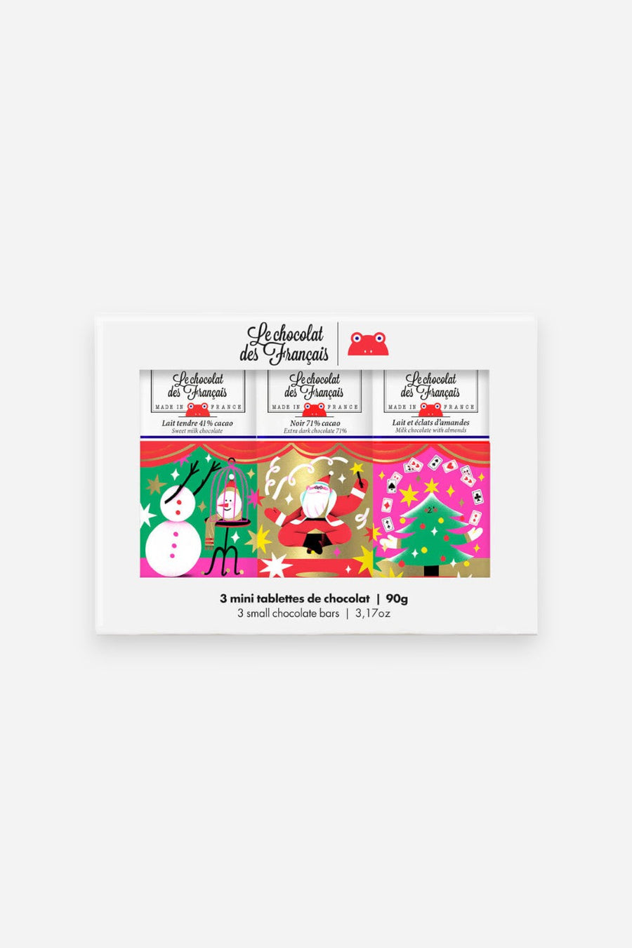 Le Chocolat Des Francais Christmas Box Of 3 Mini Bars – front view