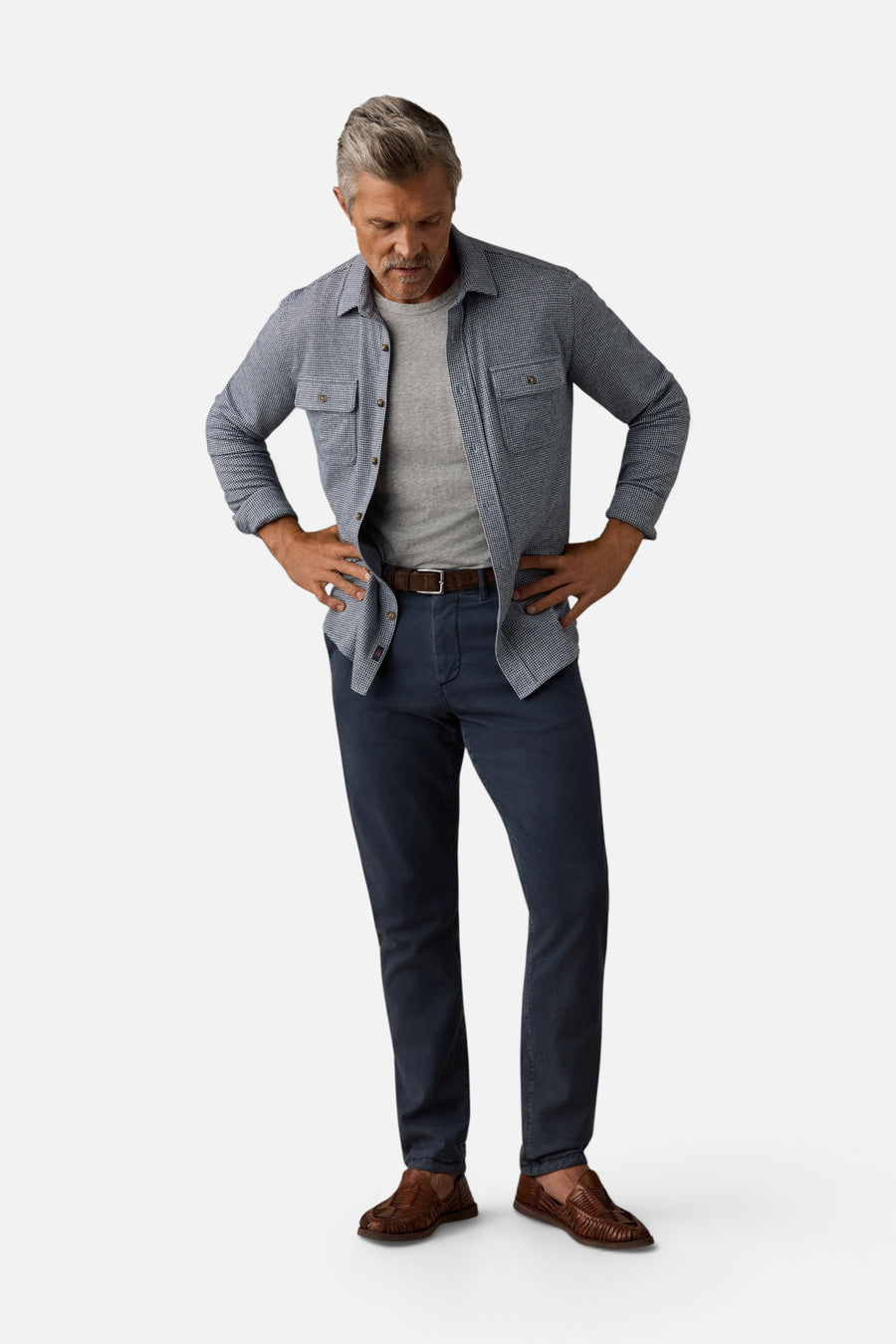 Legend Sweater Shirt in Navy Cream Pincheck – flat lay