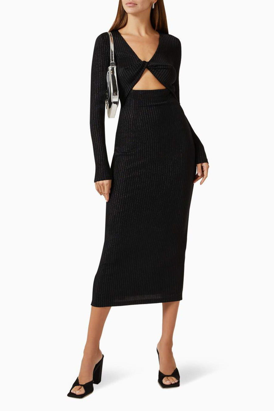 Leila Ribbed Cut-out Midi Dress in Black – back view