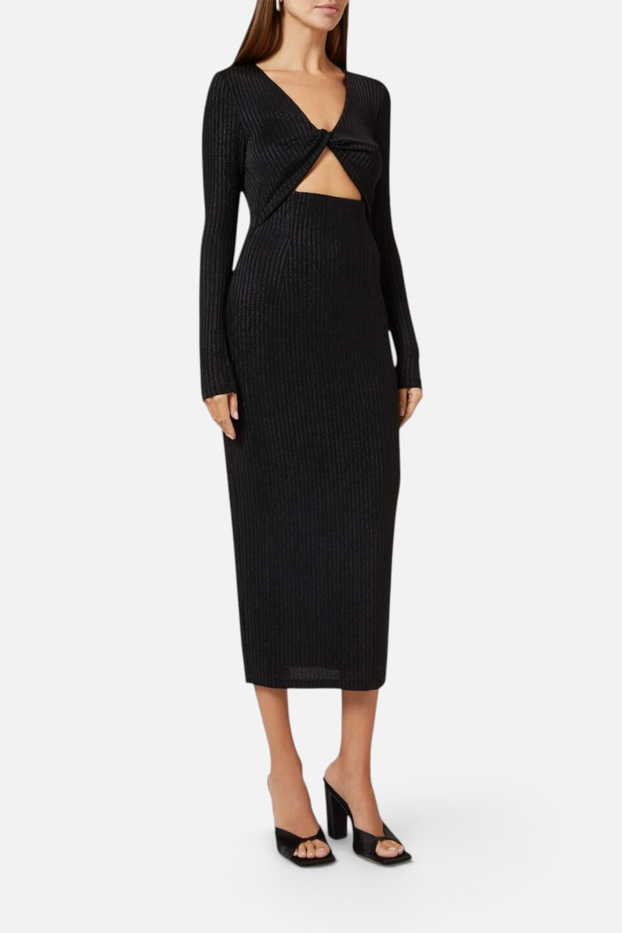 Leila Ribbed Cut-out Midi Dress in Black – front view