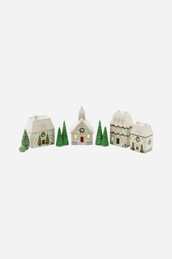Lighted Houses & Trees - Set of 7