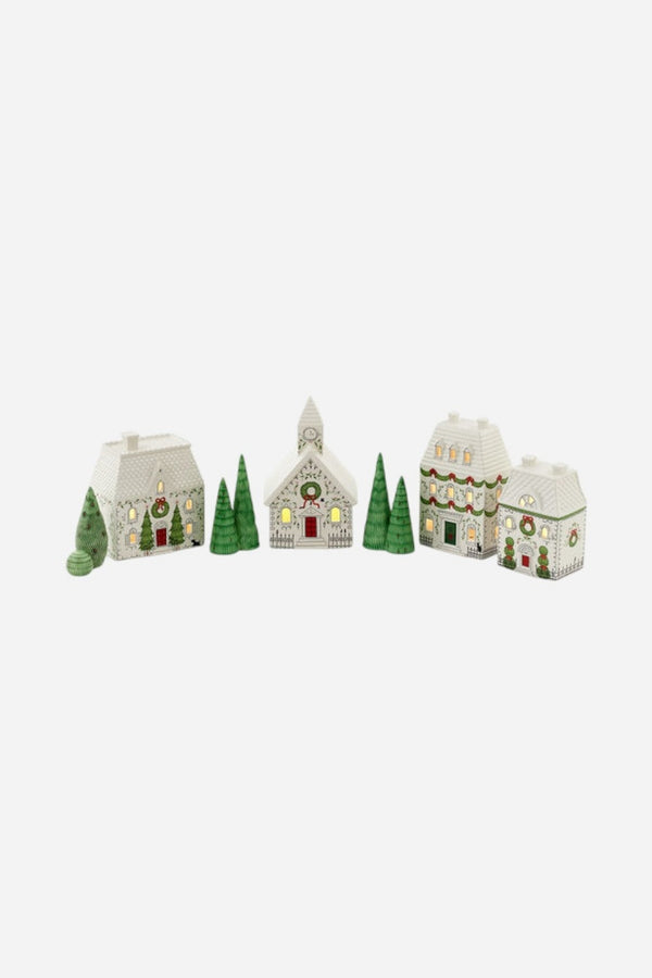 Lighted Houses & Trees - Set of 7