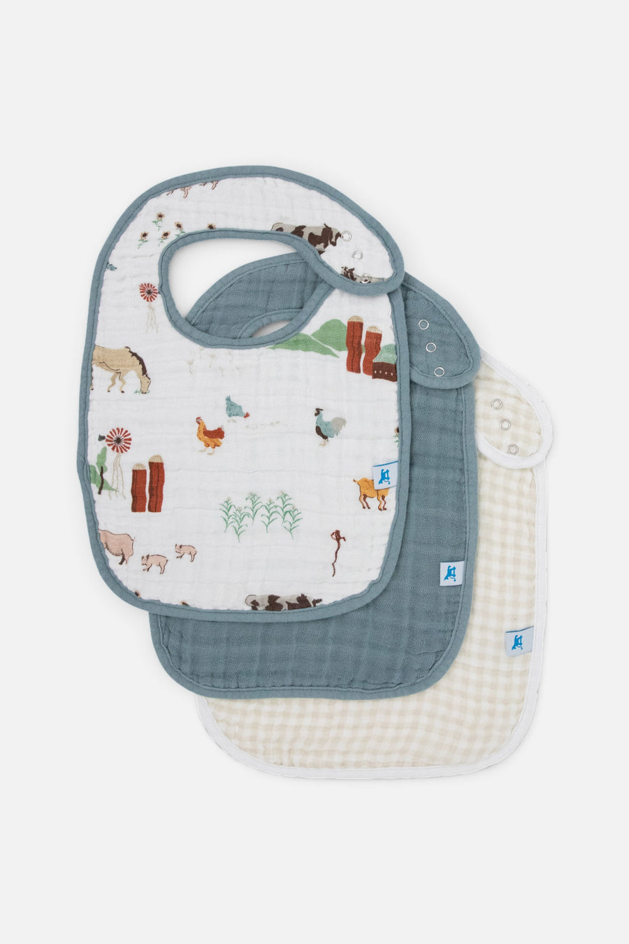 Little Unicorn Cotton Muslin Classic Bib Set of 3 in Farmyard – front view