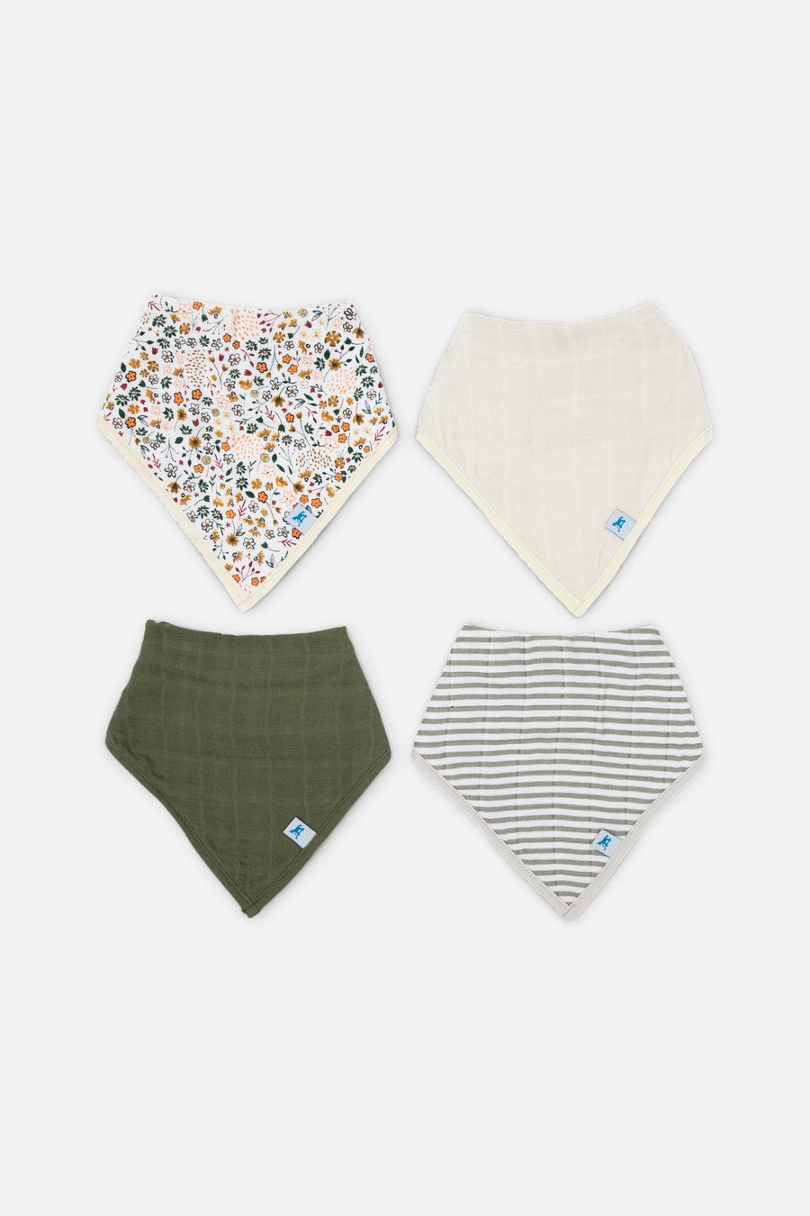 Little Unicorn Cotton Muslin + Fleece Bandana Bib Set of 4 in Pressed Petals – front view