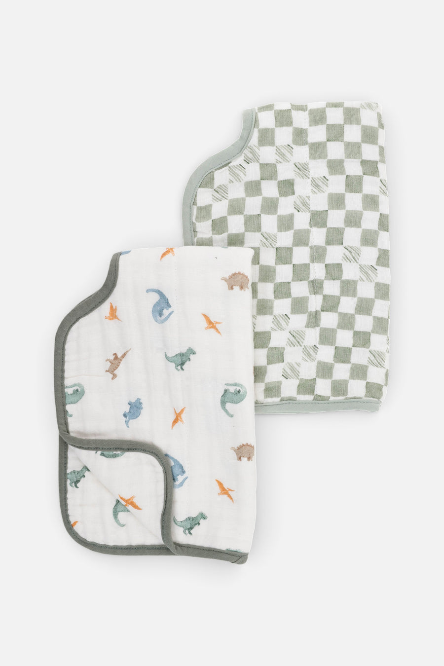 Little Unicorn Organic Cotton Muslin Burp Cloth Set of 2 in Little Dino + Green Checker – back view
