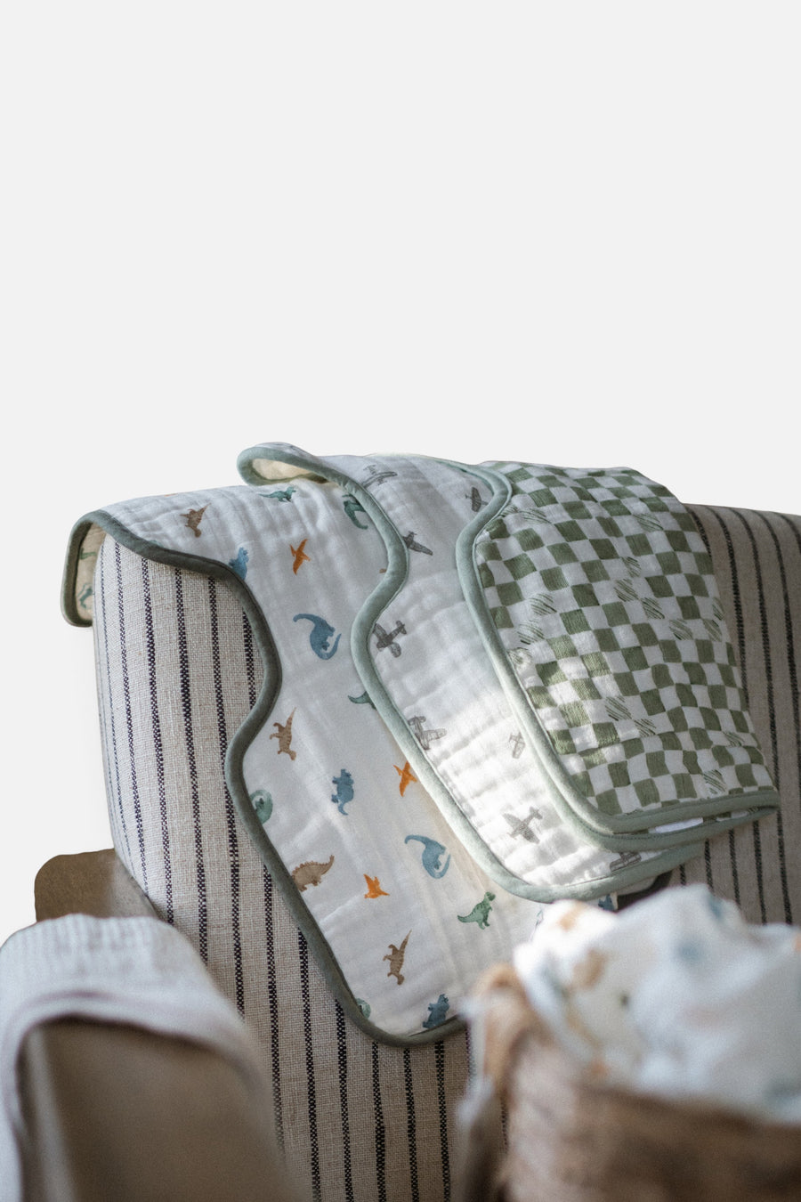 Little Unicorn Organic Cotton Muslin Burp Cloth Set of 2 in Little Dino + Green Checker – detail