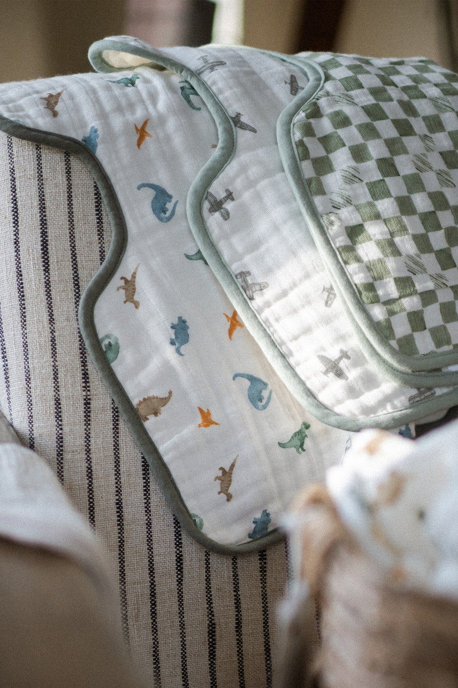 Little Unicorn Organic Cotton Muslin Burp Cloth Set of 2 in Little Dino + Green Checker – detail