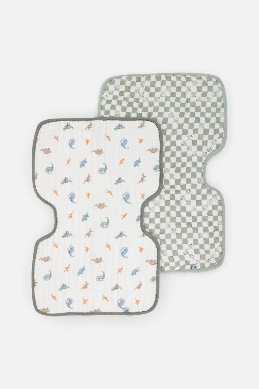 Little Unicorn Organic Cotton Muslin Burp Cloth Set of 2 in Little Dino + Green Checker – front view