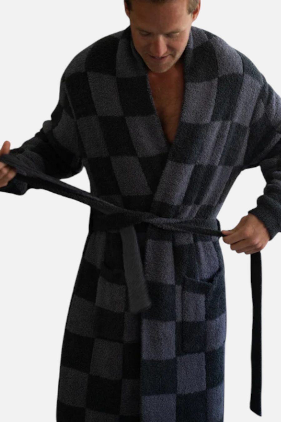 Local Beach Men's Cozy Checker Robe in Gray & Black – back view