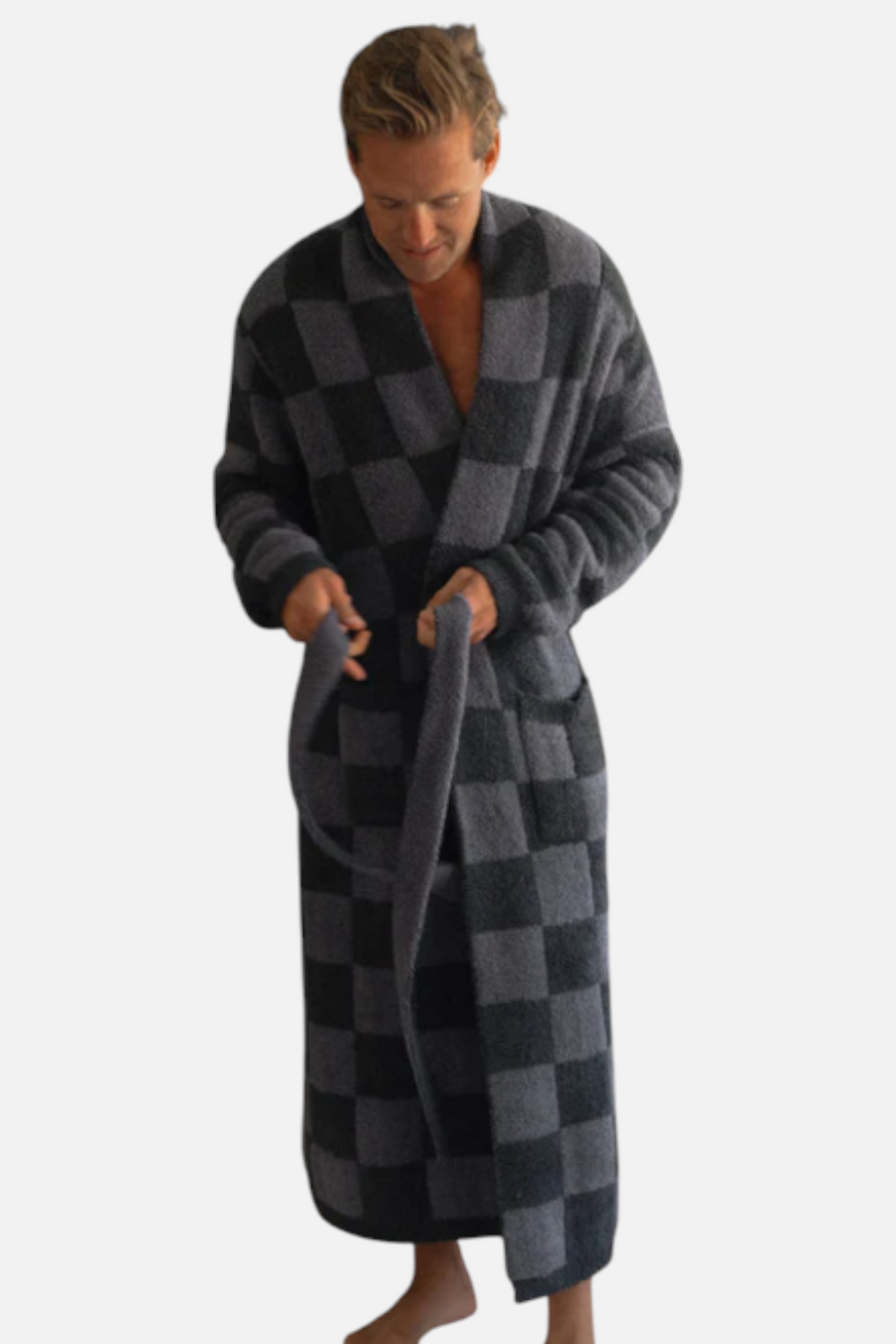 Local Beach Men's Cozy Checker Robe in Gray & Black – front view