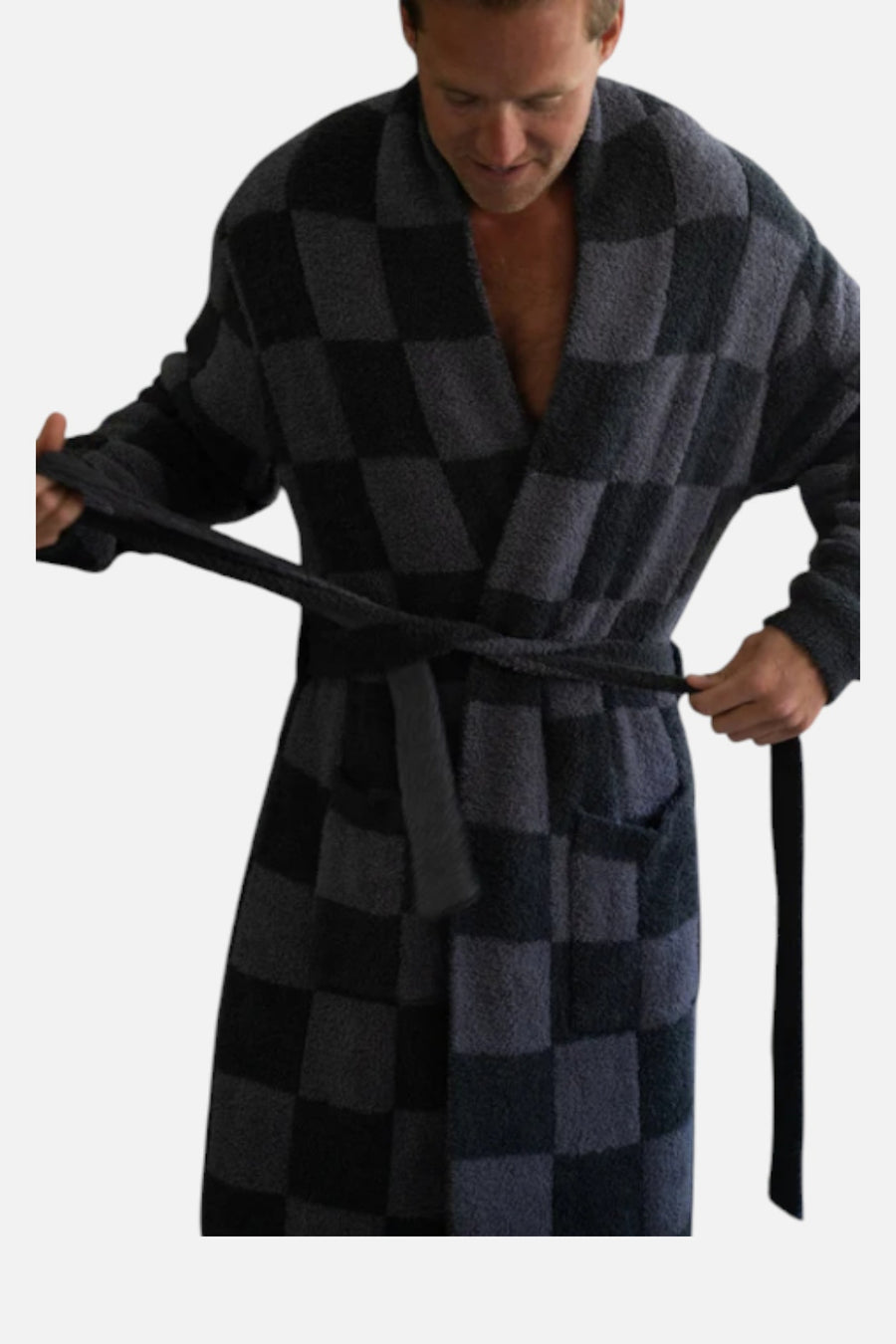 Local Beach Men's Cozy Checker Robe in Gray & Black – on model